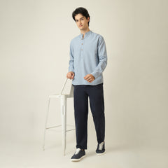 Indrazen Set of 2 - Mandarin Collar Diamond Popover Placket Shirt & Pleated Chinos – Dusty Blue & Navy Blue