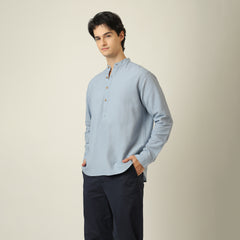 Indrazen Shirt - Relaxed Fit - Mandarin Collar - Diamond Popover Placket - Linen Blend Dusty Blue