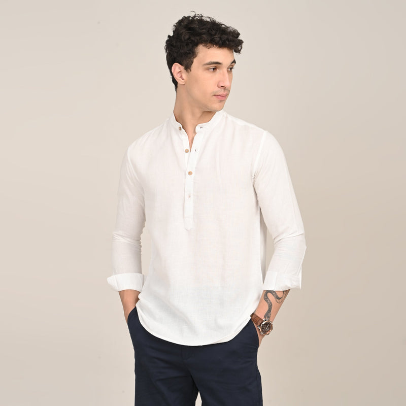 Indrazen Shirt - Relaxed Fit - Mandarin Collar - Diamond Popover Placket - Linen Blend  Ecru