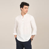 Indrazen Shirt - Relaxed Fit - Mandarin Collar - Diamond Popover Placket - Linen Blend  Ecru