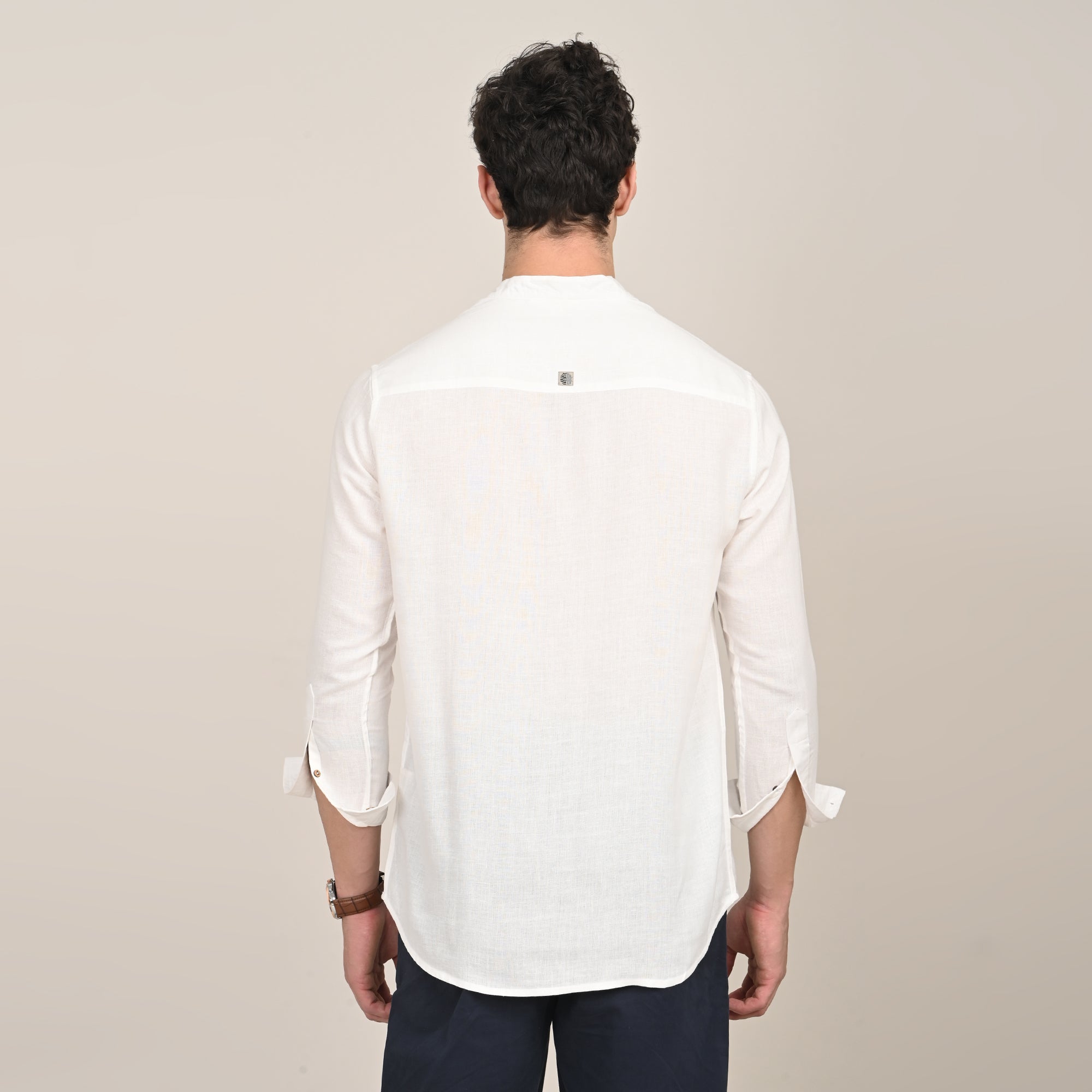 Indrazen Shirt - Relaxed Fit - Mandarin Collar - Diamond Popover Placket - Linen Blend  Ecru