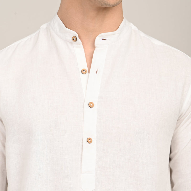 Indrazen Set of 2 - Mandarin Collar Diamond Popover Placket Shirt & Pleated Chinos  Ecru & Navy Blue