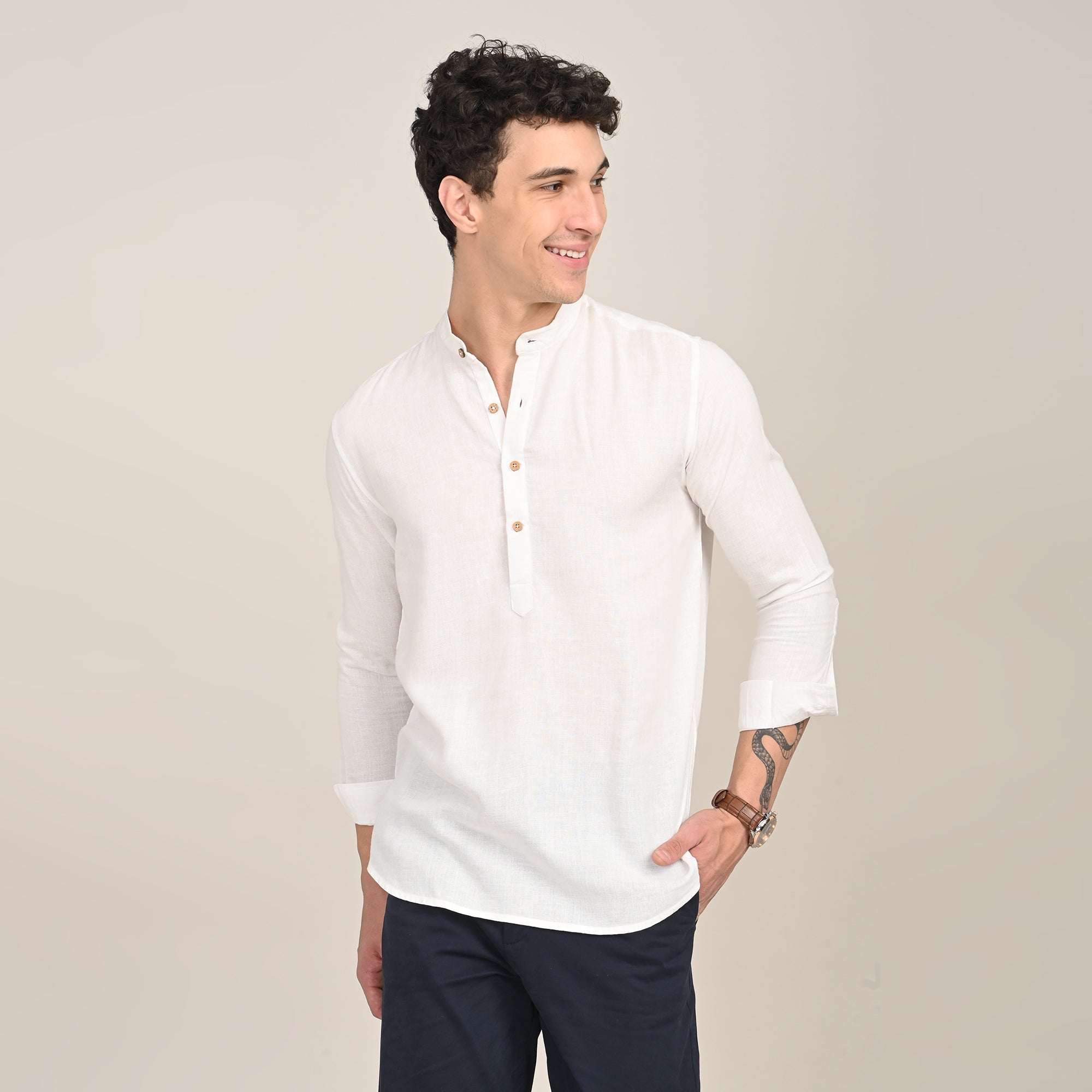 Indrazen Shirt - Relaxed Fit - Mandarin Collar - Diamond Popover Placket - Linen Blend  Ecru