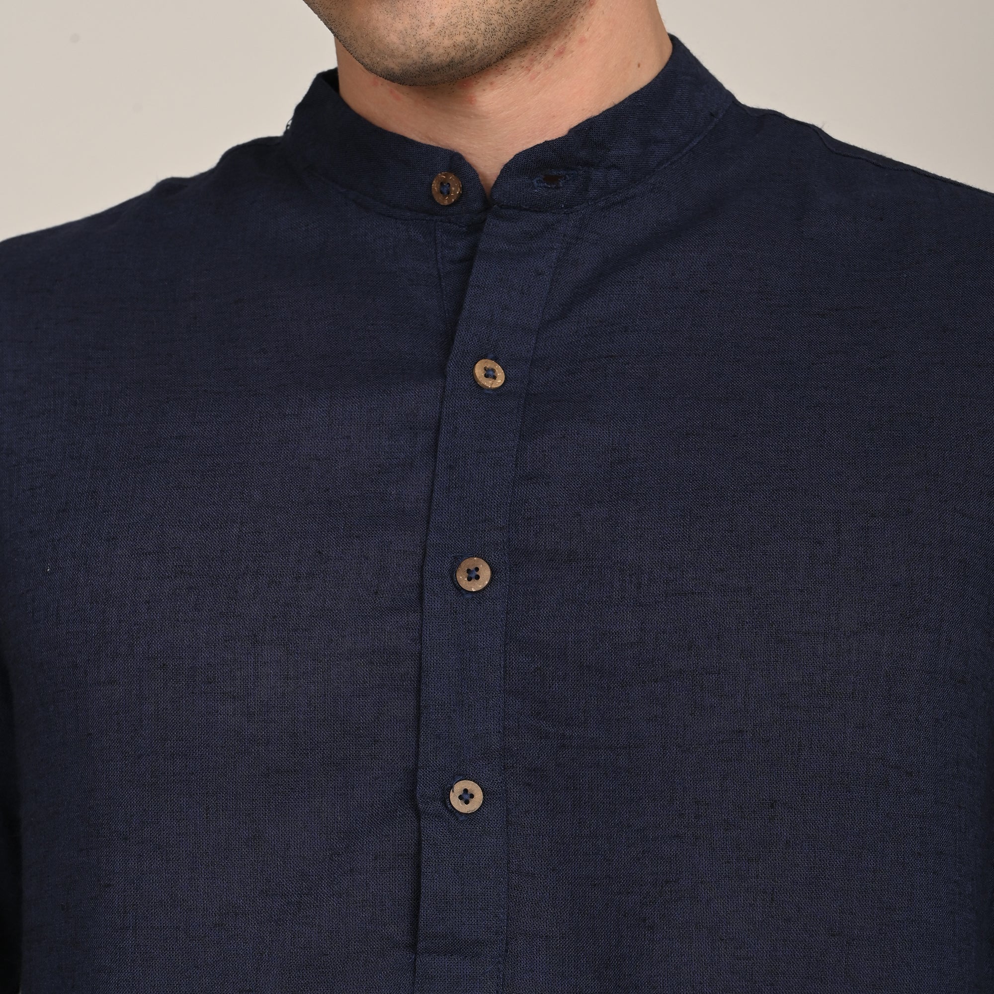 Indrazen Shirt - Relaxed Fit - Mandarin Collar - Diamond Popover Placket - Linen Blend  Navy Blue