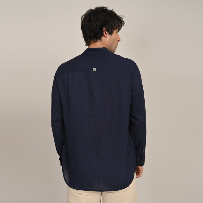 Indrazen Set of 2 - Mandarin Collar Diamond Popover Placket Shirt & Pleated Chinos  Navy Blue & Beige