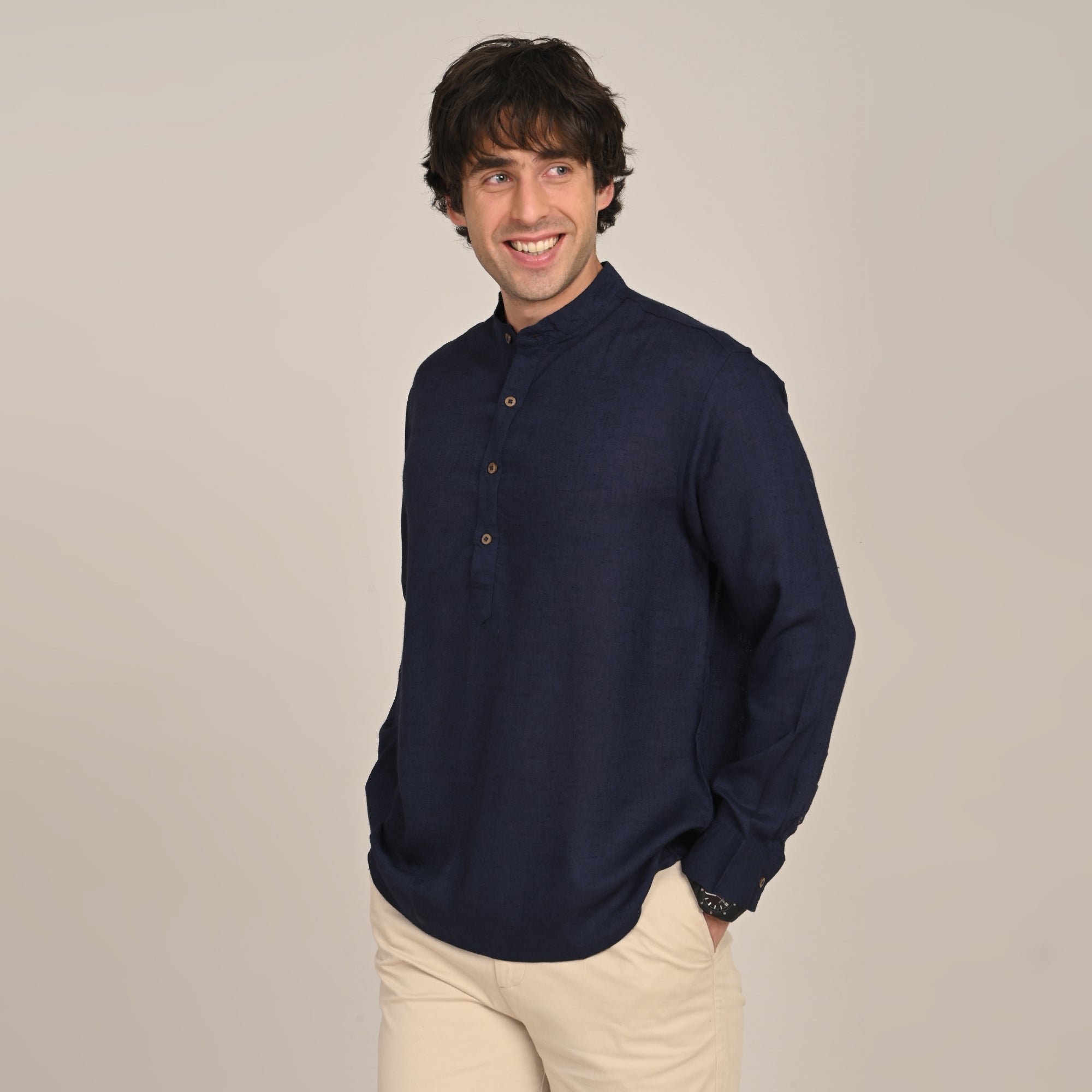 Indrazen Set of 2  Mandarin Collar Diamond Popover Placket Shirt & Pleated Chinos  Navy Blue & Beige