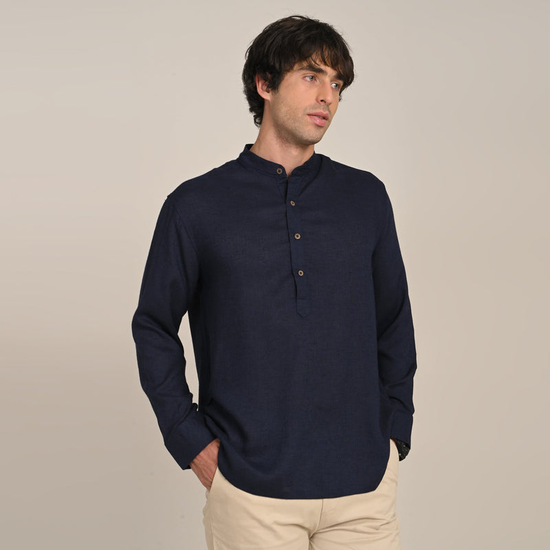 Indrazen Shirt - Relaxed Fit - Mandarin Collar - Diamond Popover Placket - Linen Blend  Navy Blue