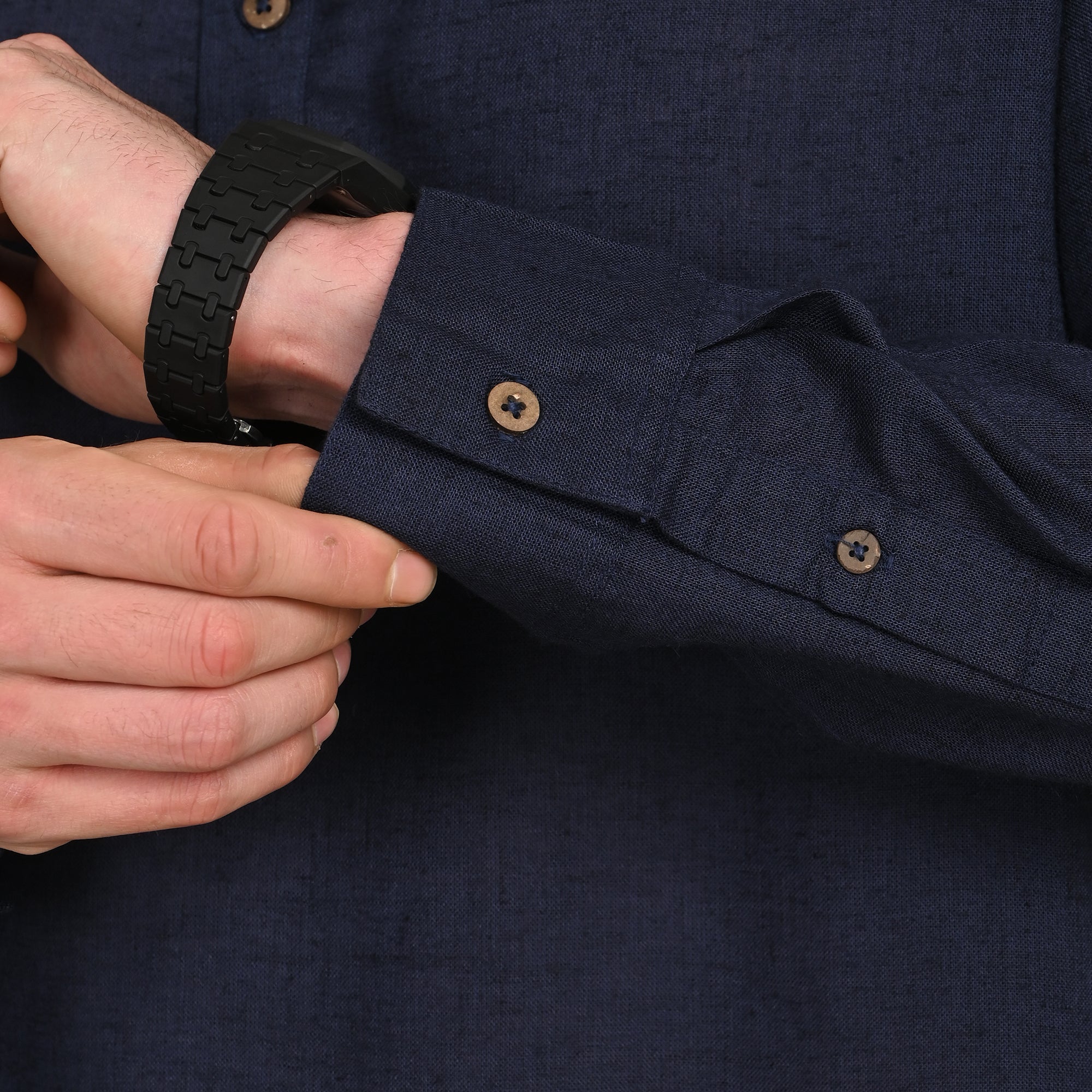 Indrazen Shirt - Relaxed Fit - Mandarin Collar - Diamond Popover Placket - Linen Blend  Navy Blue