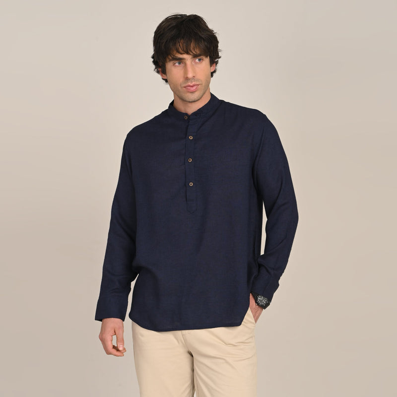 Indrazen Shirt - Relaxed Fit - Mandarin Collar - Diamond Popover Placket - Linen Blend  Navy Blue