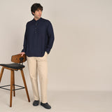 Indrazen Shirt - Relaxed Fit - Mandarin Collar - Diamond Popover Placket - Linen Blend  Navy Blue