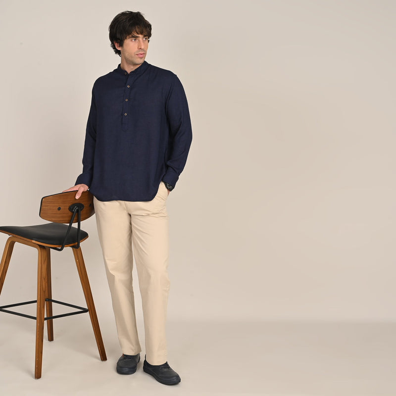Indrazen Set of 2 - Mandarin Collar Diamond Popover Placket Shirt & Pleated Chinos  Navy Blue & Beige