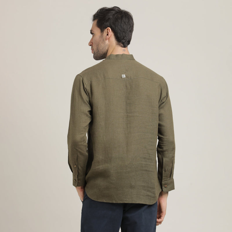 Indrazen Set of 2 - Mandarin Collar Diamond Popover Placket Shirt & Pleated Chinos – Olive Green & Navy Blue