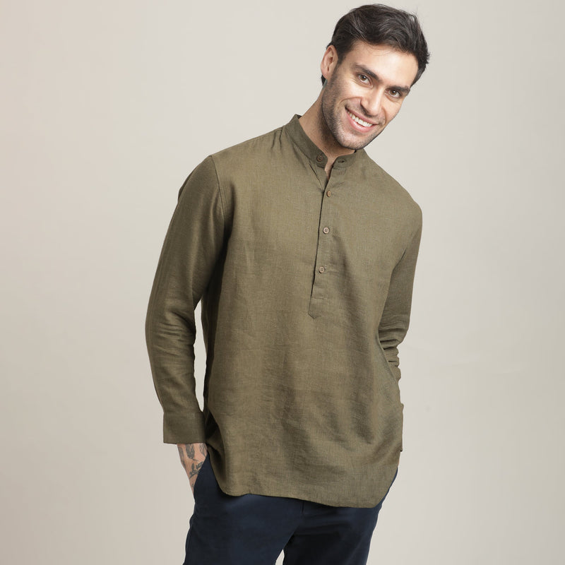 Indrazen Set of 2 - Mandarin Collar Diamond Popover Placket Shirt & Pleated Chinos – Olive Green & Navy Blue