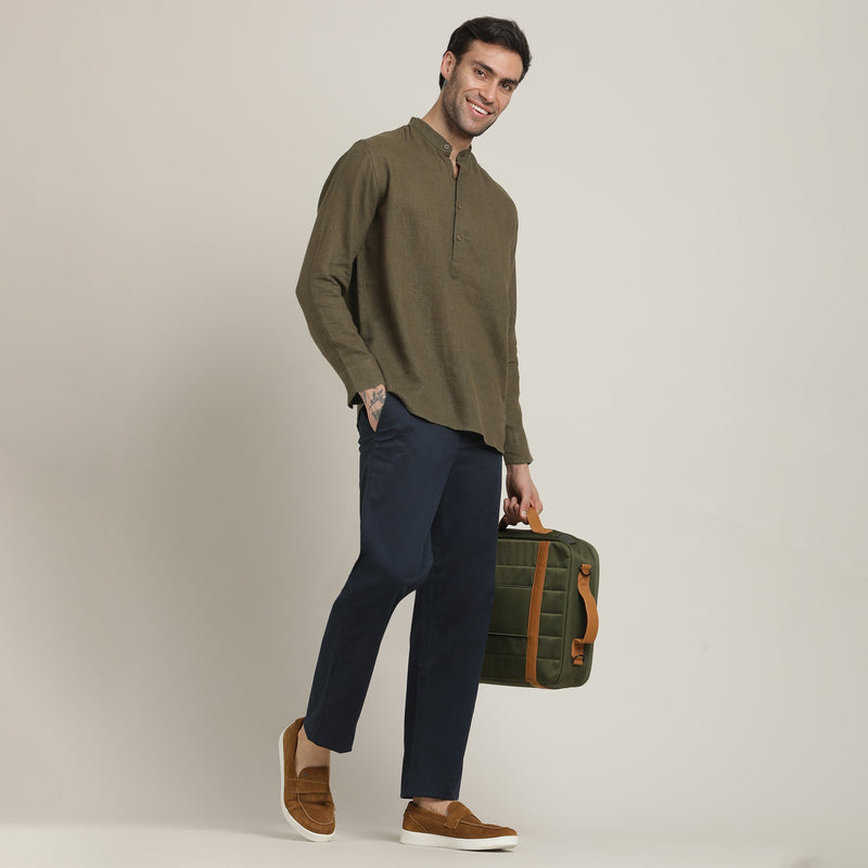 Indrazen Set of 2 - Mandarin Collar Diamond Popover Placket Shirt & Pleated Chinos – Olive Green & Navy Blue