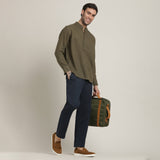 Indrazen Set of 2 - Mandarin Collar Diamond Popover Placket Shirt & Pleated Chinos – Olive Green & Navy Blue