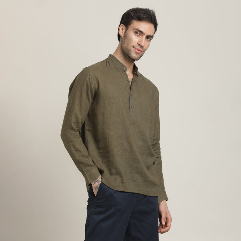 Indrazen Shirt - Relaxed Fit - Mandarin Collar - Diamond Popover Placket - Linen Blend – Olive Green