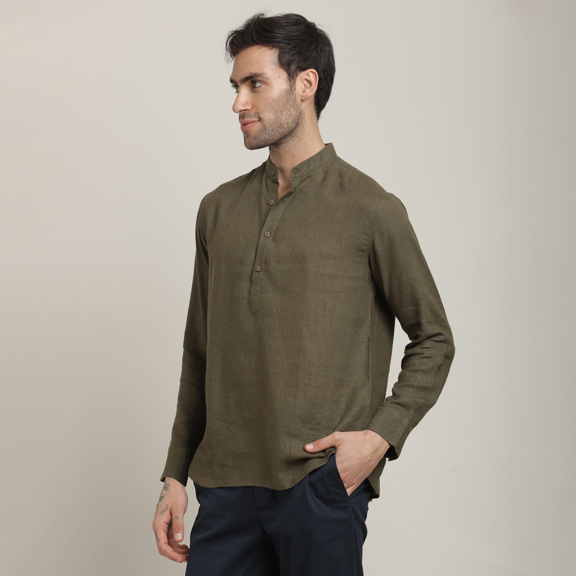 Indrazen Shirt - Relaxed Fit - Mandarin Collar - Diamond Popover Placket - Linen Blend – Olive Green