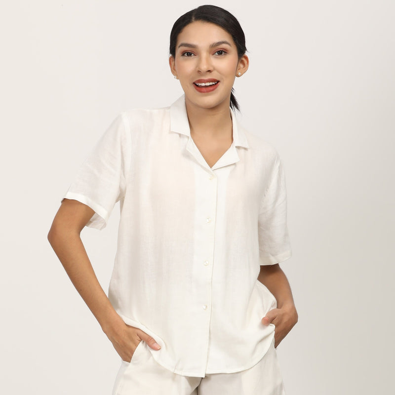 Cuban Co-ord Set Of 2 - Shirt & Shorts - Ecru
