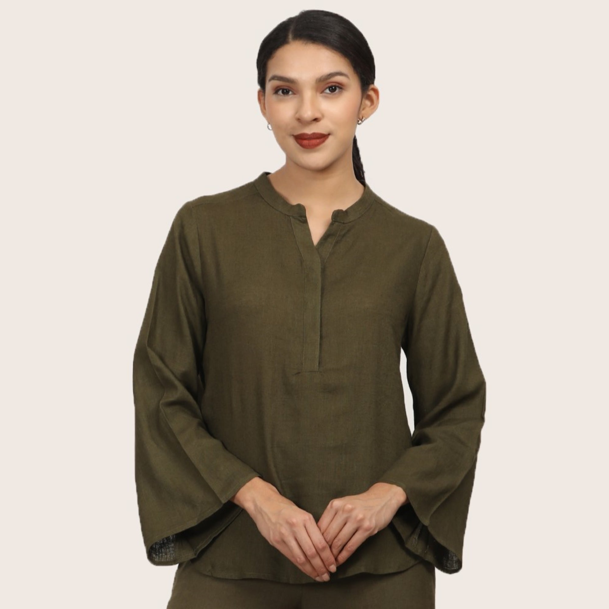 Sylvia Co-Ord Set Of 2 - Bell Sleeves Short Tunic & Pants - Olive