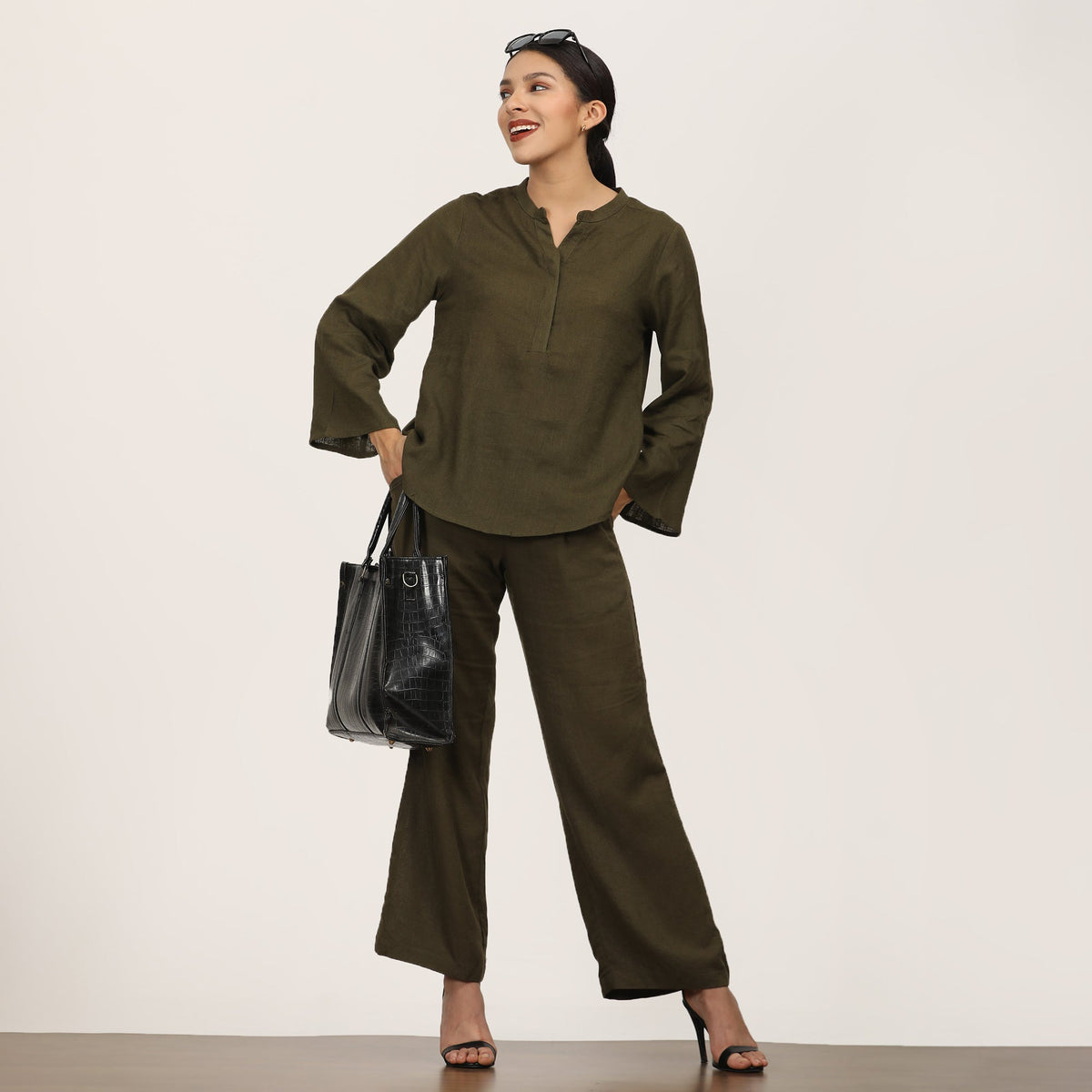 Sylvia Co-Ord Set Of 2 - Bell Sleeves Short Tunic & Pants - Olive