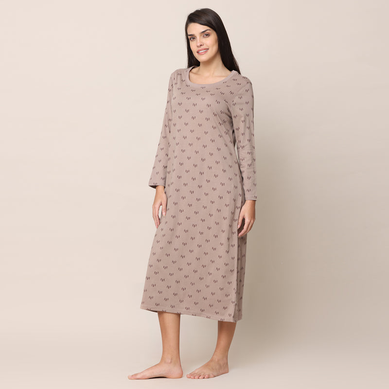 Night Dress - Taupe With All Over Pine Tree Print