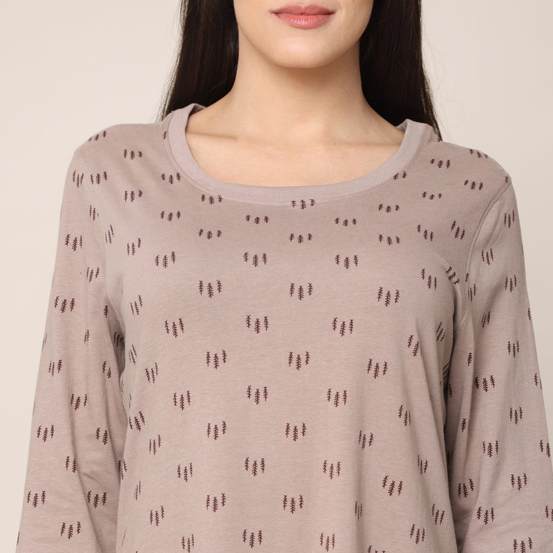 Night Dress - Taupe With All Over Pine Tree Print