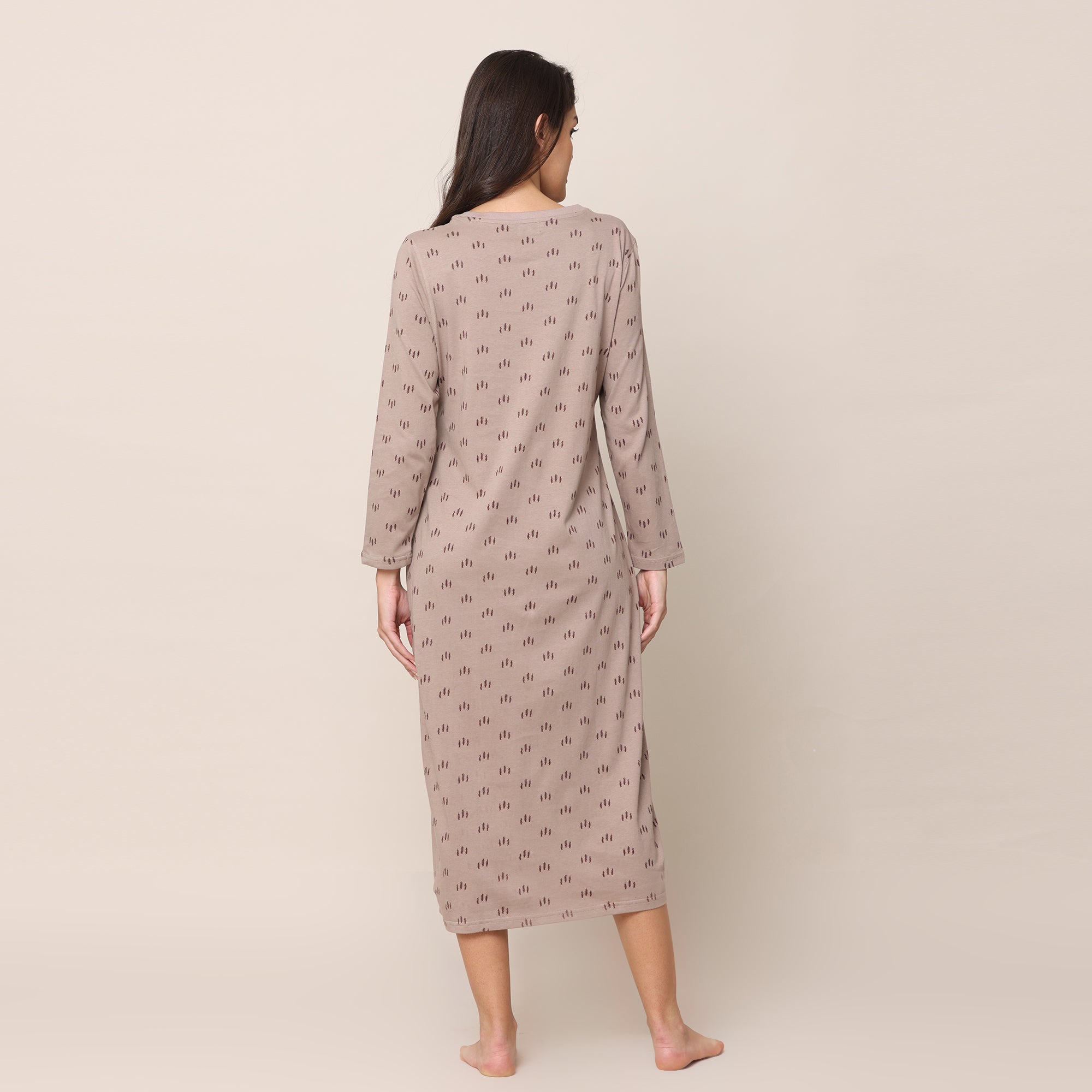 Night Dress - Taupe With All Over Pine Tree Print