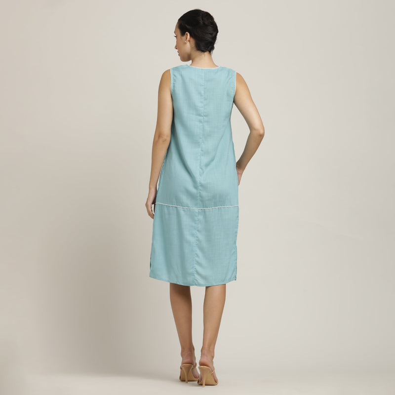 Jackie V-Neck Sleeveless Midi Dress - Blue With Ecru Edging