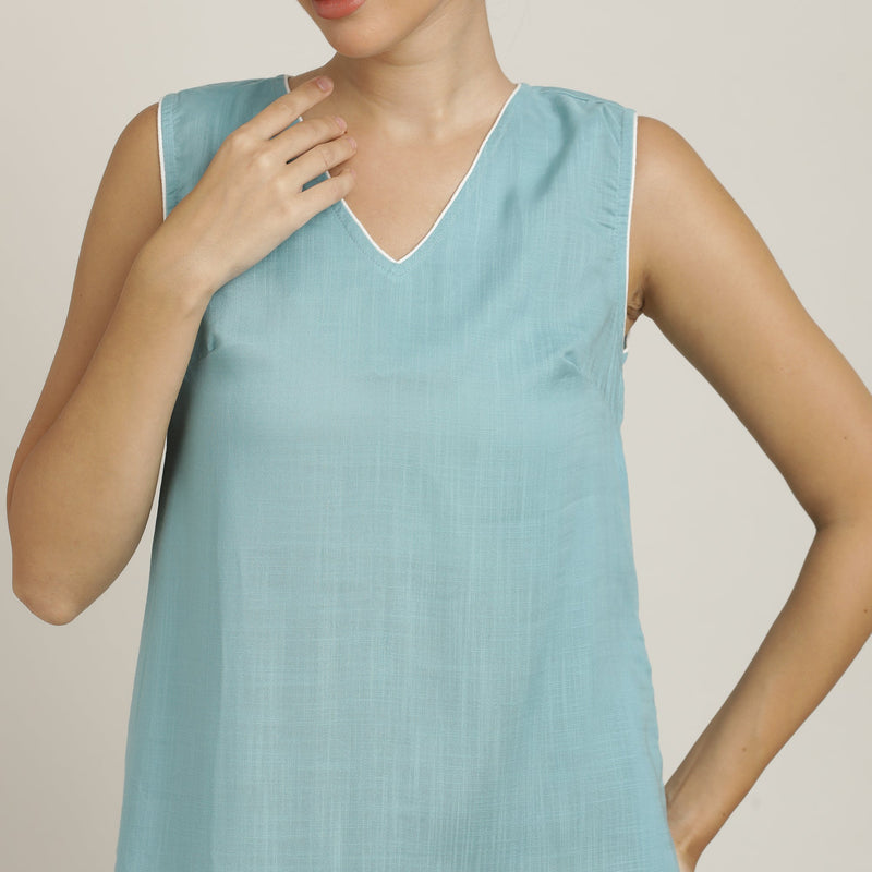 Jackie V-Neck Sleeveless Midi Dress - Blue With Ecru Edging