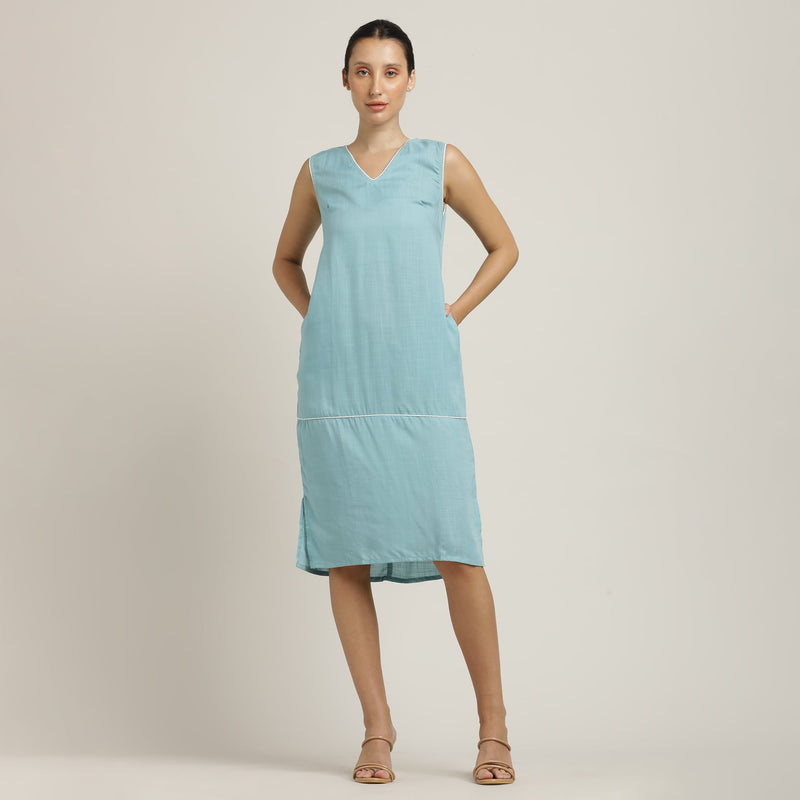 Jackie V-Neck Sleeveless Midi Dress - Blue With Ecru Edging