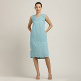 Jackie V-Neck Sleeveless Midi Dress - Blue With Ecru Edging