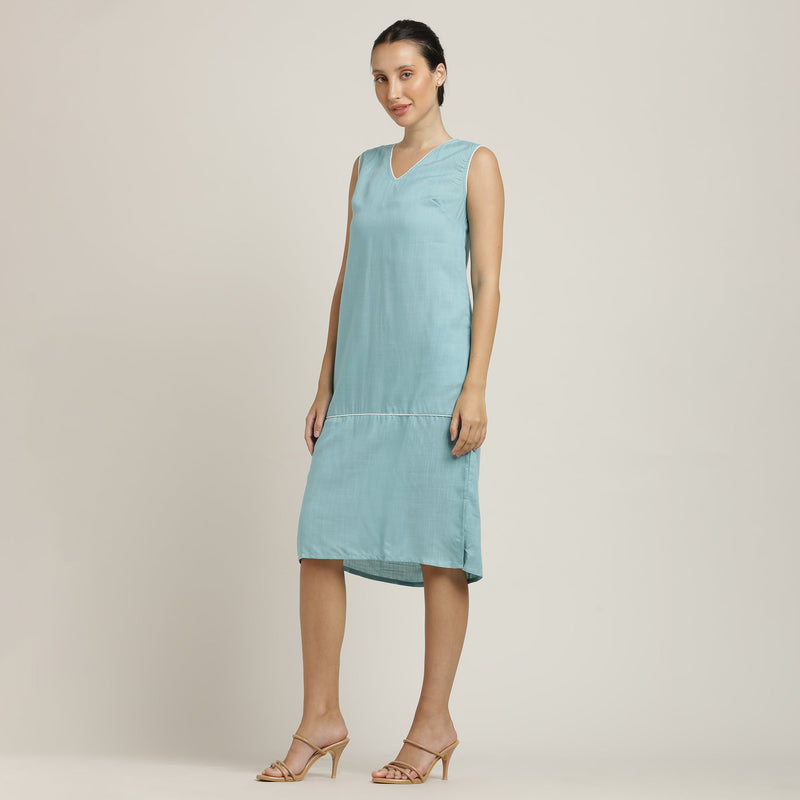 Jackie V-Neck Sleeveless Midi Dress - Blue With Ecru Edging