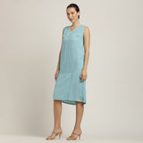 Jackie V-Neck Sleeveless Midi Dress - Blue With Ecru Edging