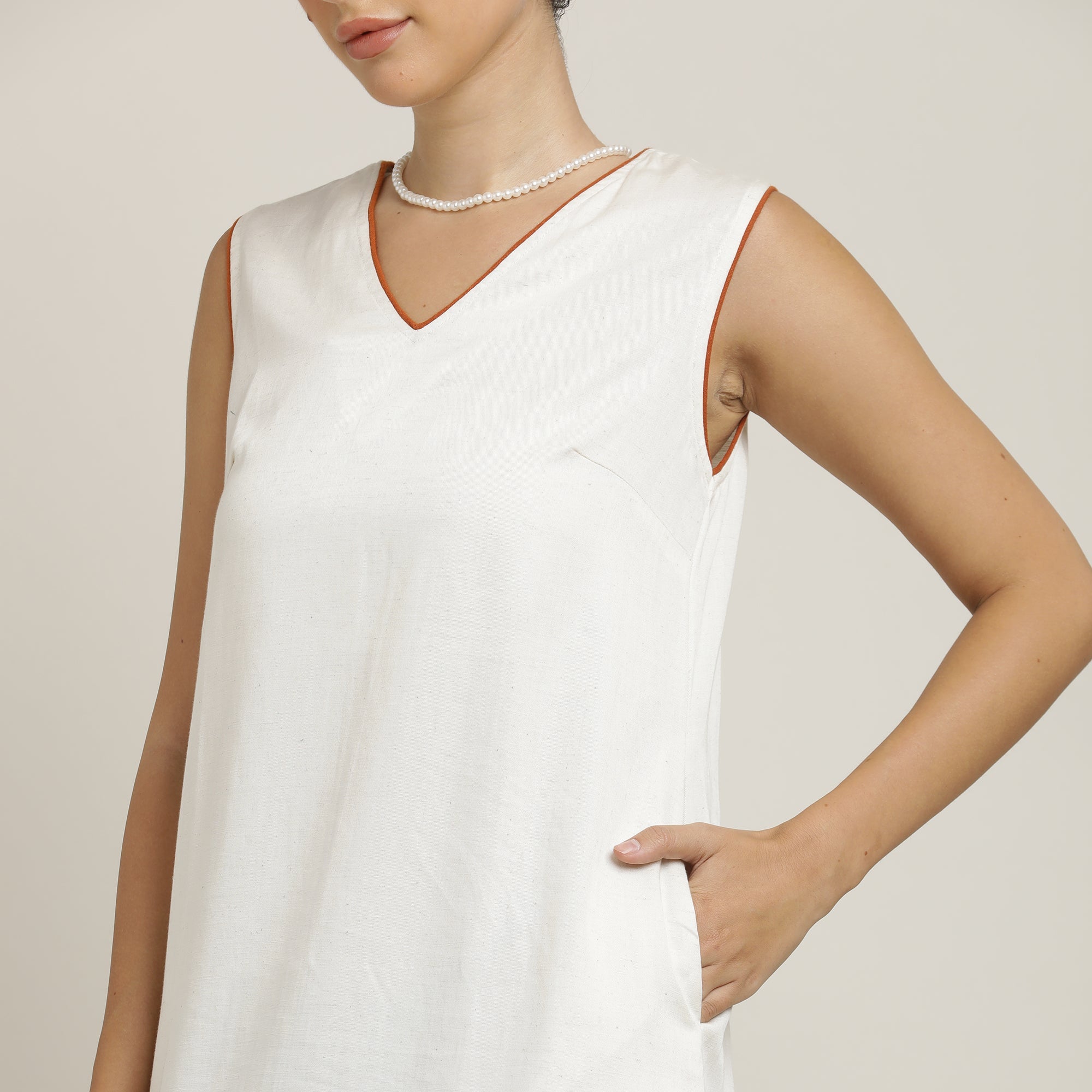 Jackie V-Neck Sleeveless Midi Dress - Ecru With Autumn Rust Edging