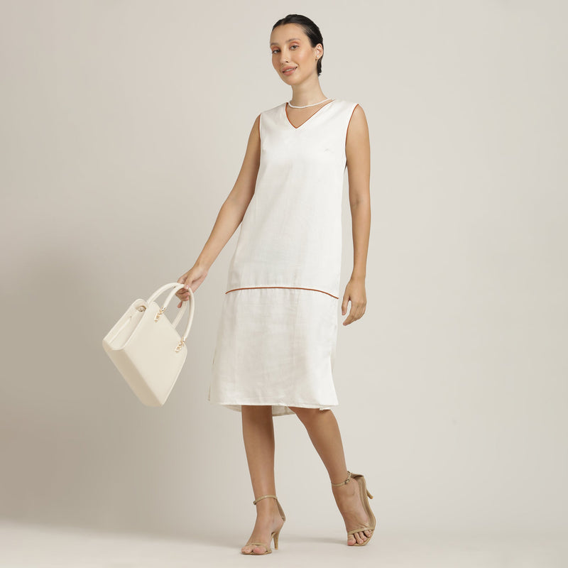 Jackie V-Neck Sleeveless Midi Dress - Ecru With Autumn Rust Edging