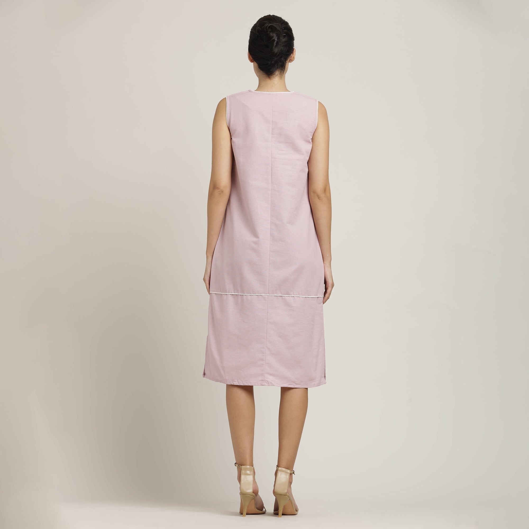 Jackie V-Neck Sleeveless Midi Dress - Pastel Pink With Ecru Edging
