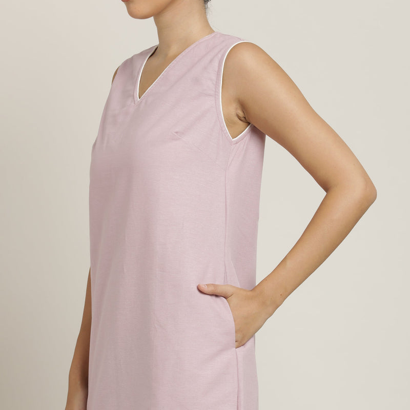 Jackie V-Neck Sleeveless Midi Dress - Pastel Pink With Ecru Edging