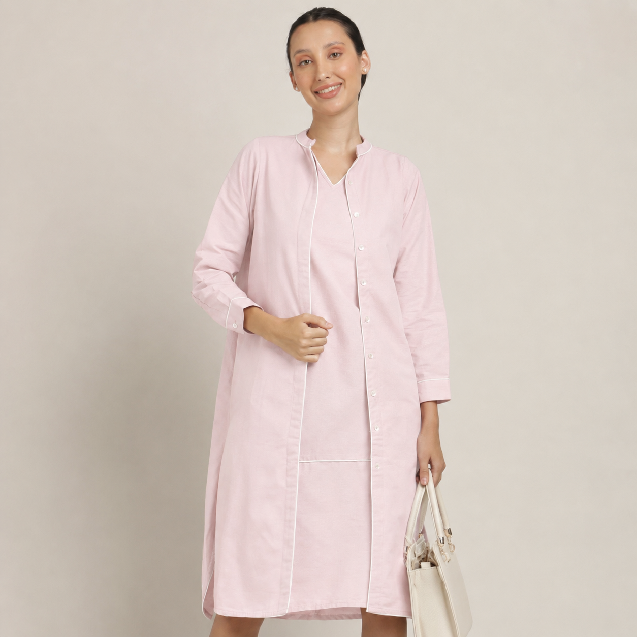 Jackie Dress & Jacket Set - Pastel Pink With Ecru Edging