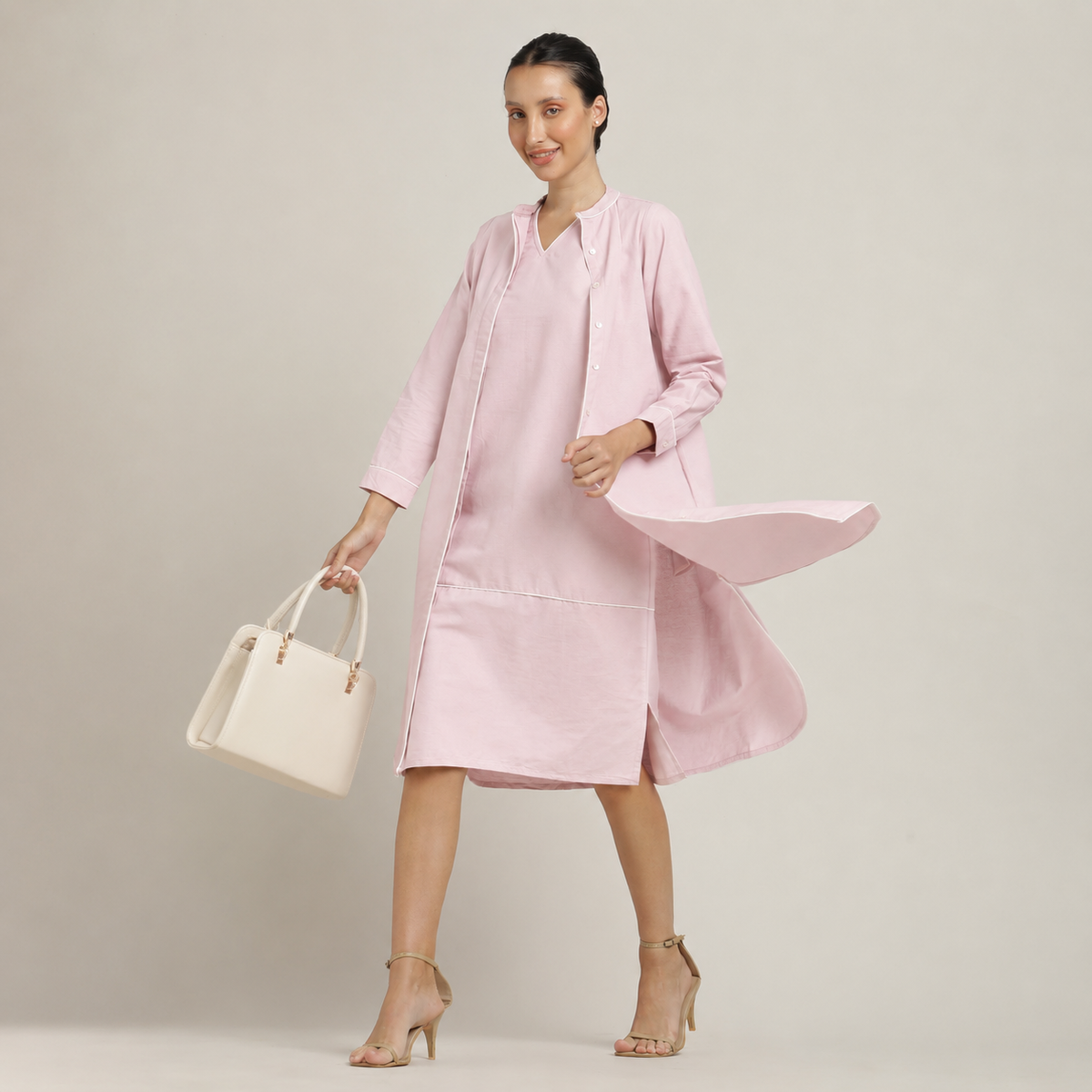 Jackie Dress & Jacket Set - Pastel Pink With Ecru Edging