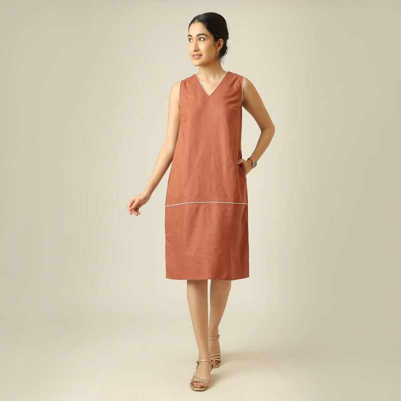 Jackie V-Neck Sleeveless Midi Dress - Terracotta Brown With Ecru Edging