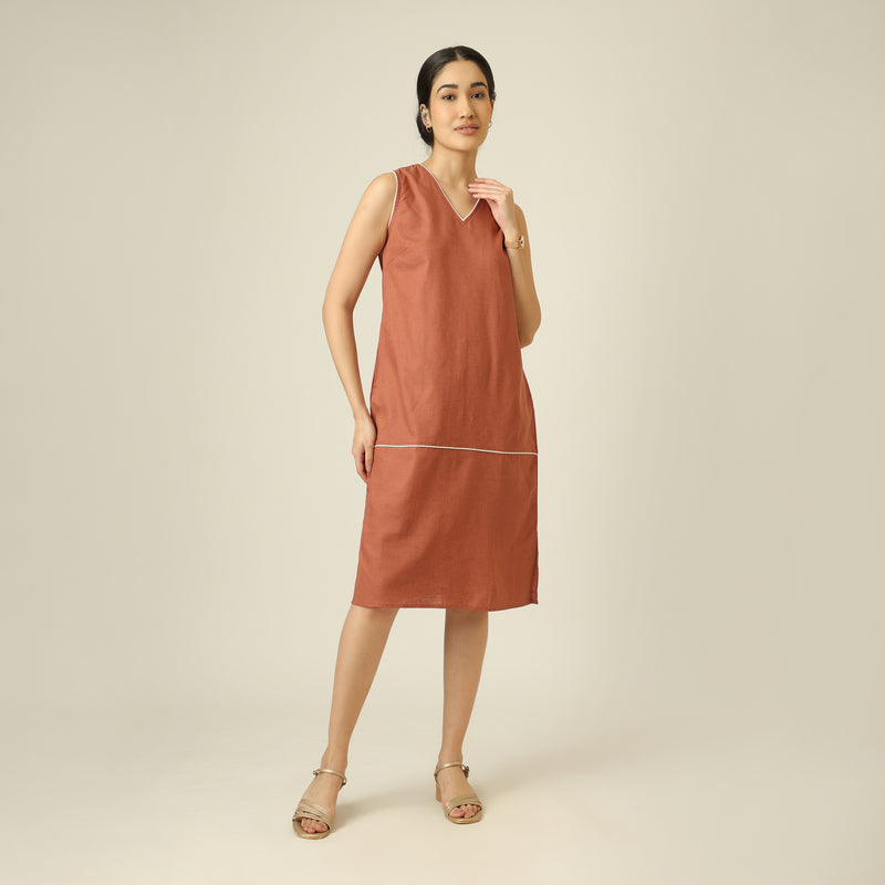 Jackie V-Neck Sleeveless Midi Dress - Terracotta Brown With Ecru Edging