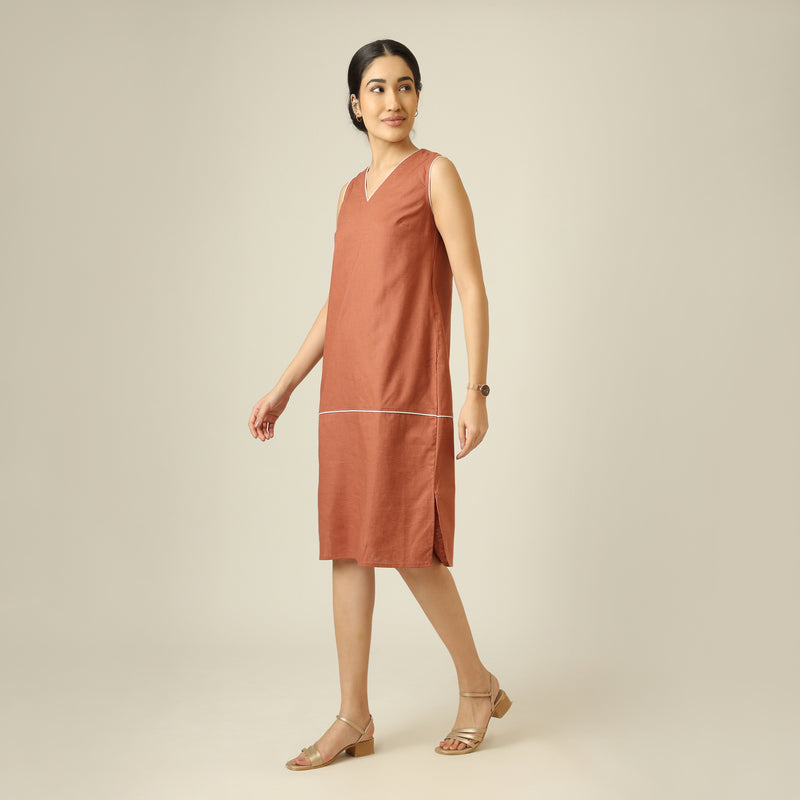 Jackie V-Neck Sleeveless Midi Dress - Terracotta Brown With Ecru Edging