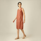 Jackie V-Neck Sleeveless Midi Dress - Terracotta Brown With Ecru Edging