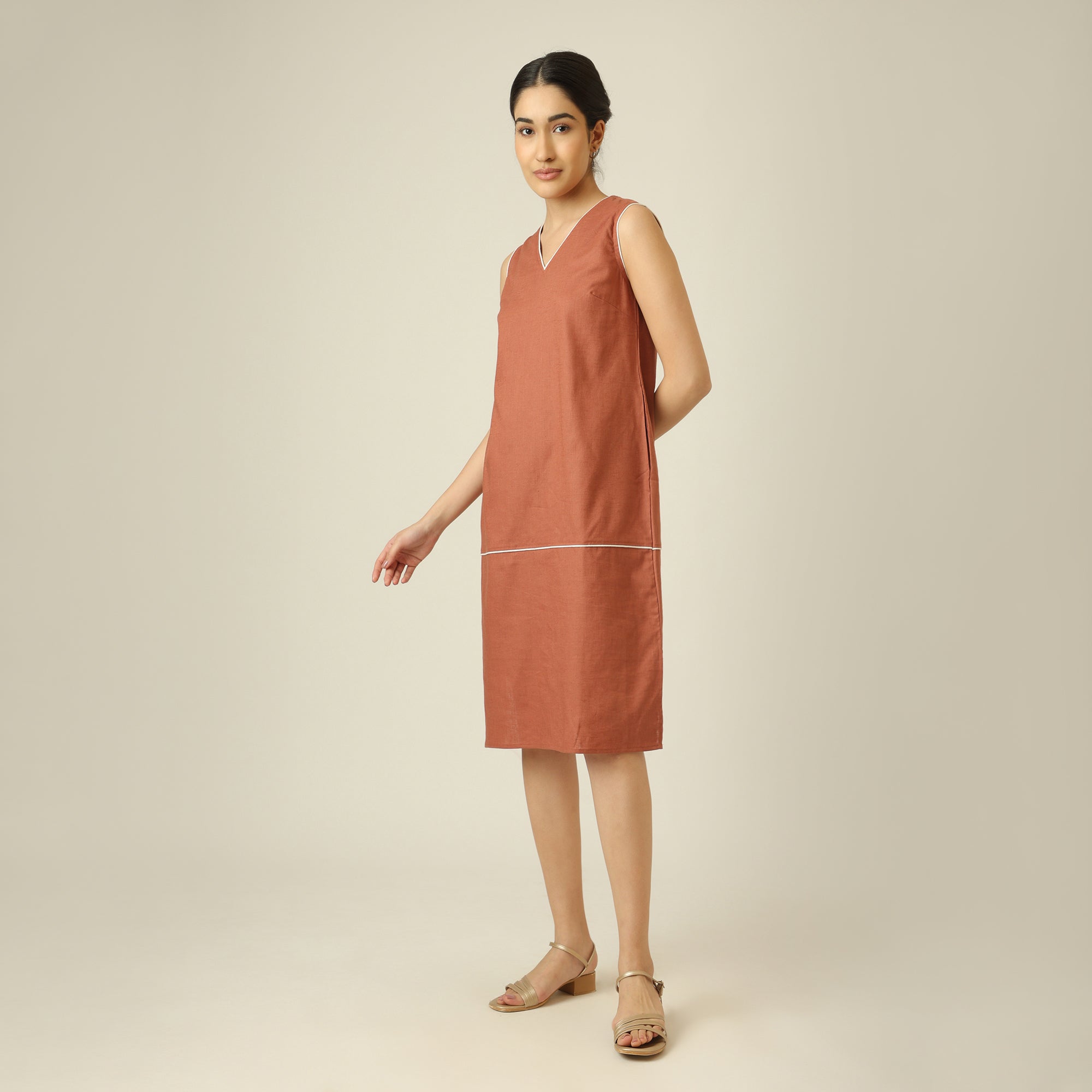 Jackie V-Neck Sleeveless Midi Dress - Terracotta Brown With Ecru Edging