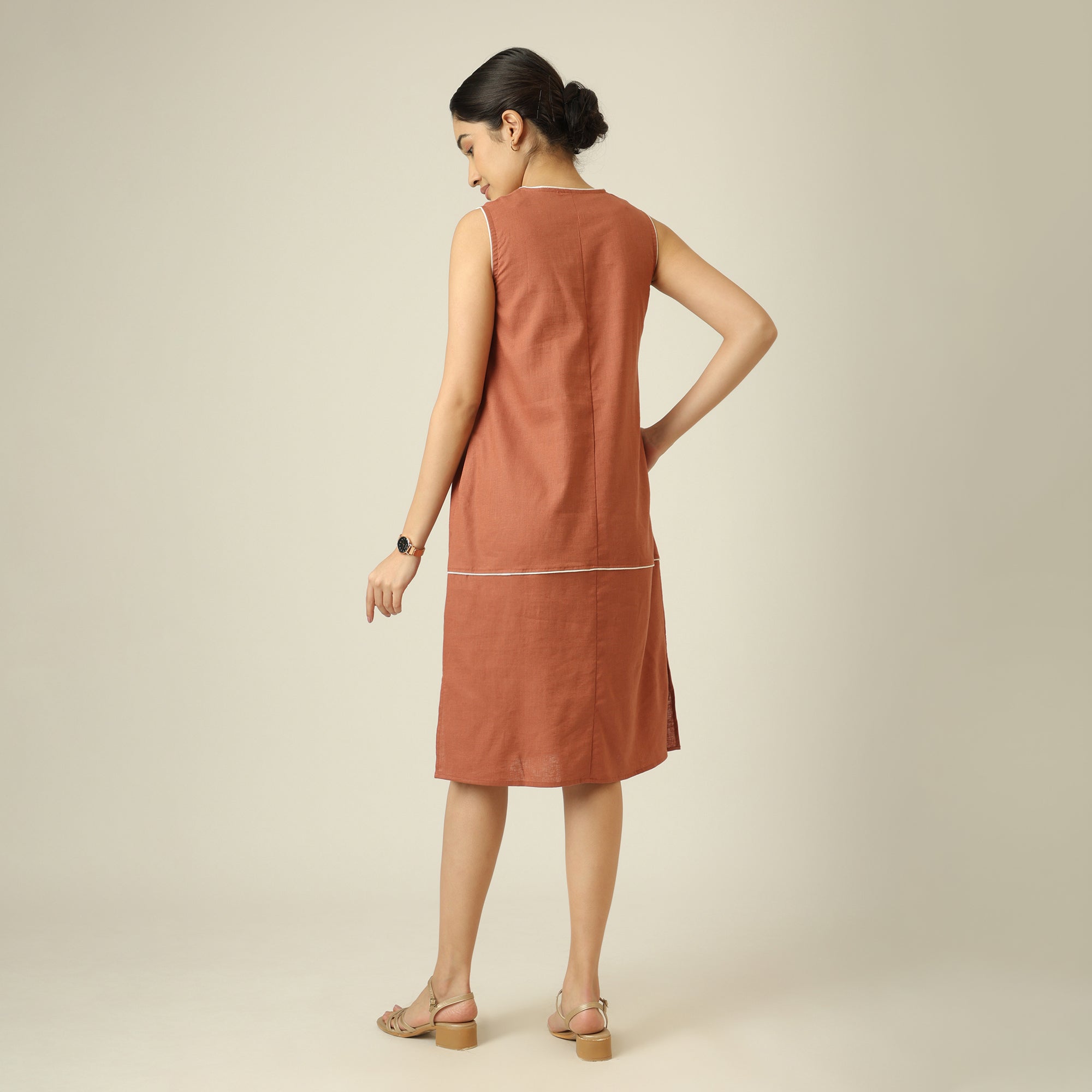 Jackie V-Neck Sleeveless Midi Dress - Terracotta Brown With Ecru Edging