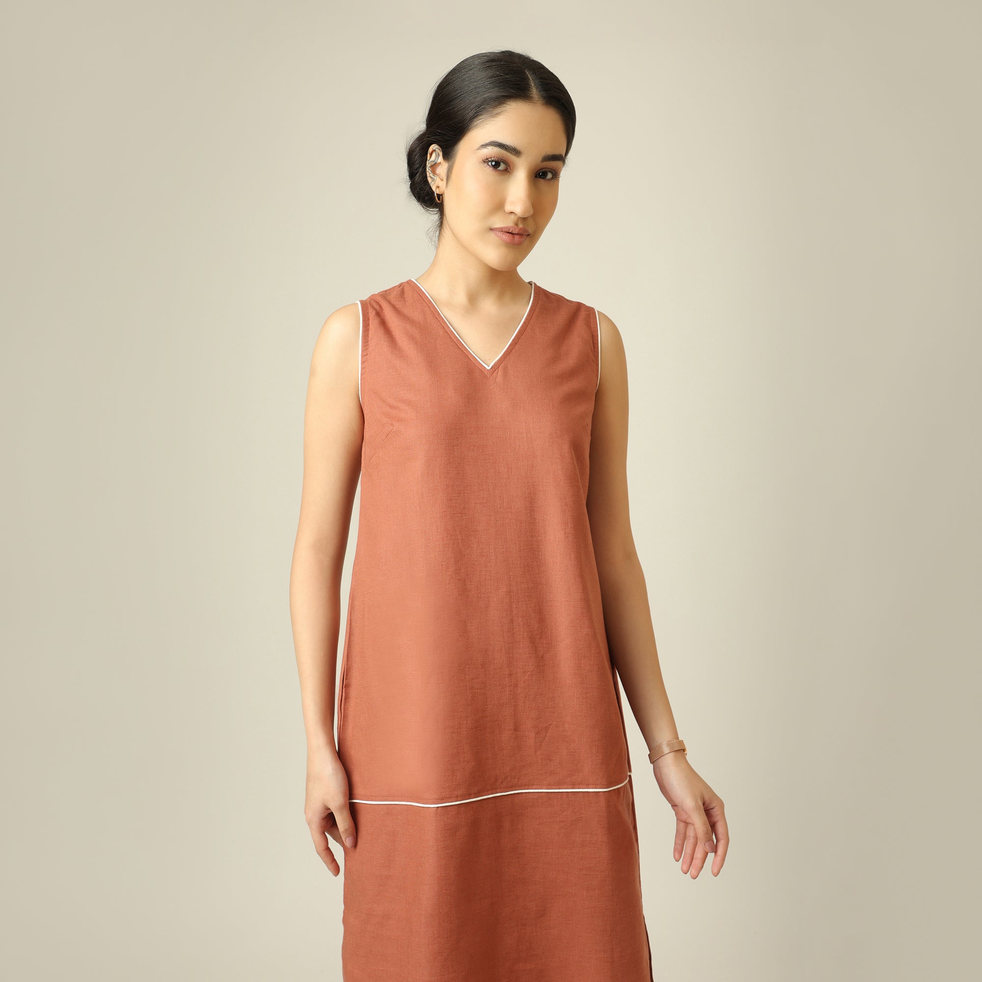 Jackie Dress & Jacket Set - Terracotta Brown With Ecru Edging