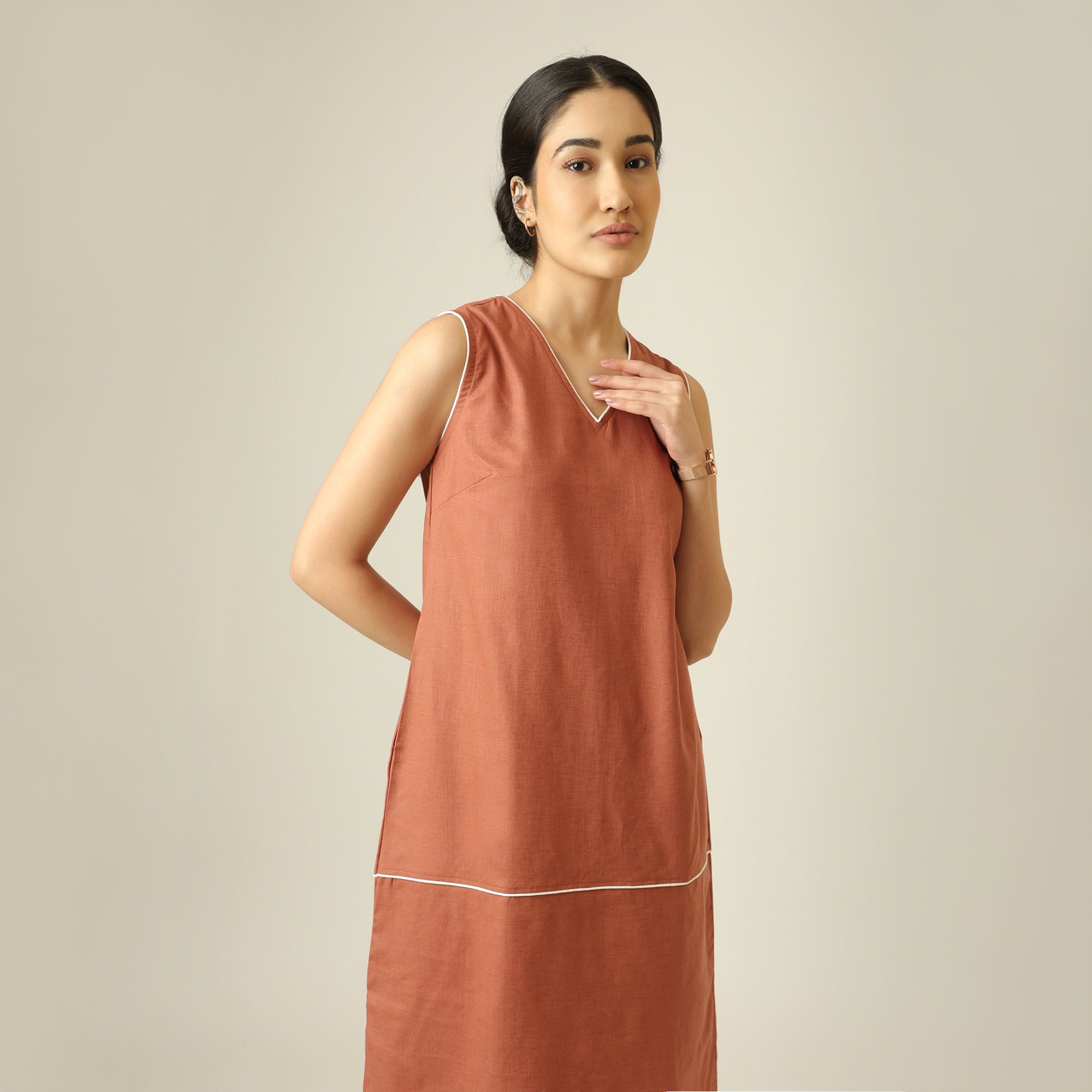 Jackie Dress & Jacket Set - Terracotta Brown With Ecru Edging