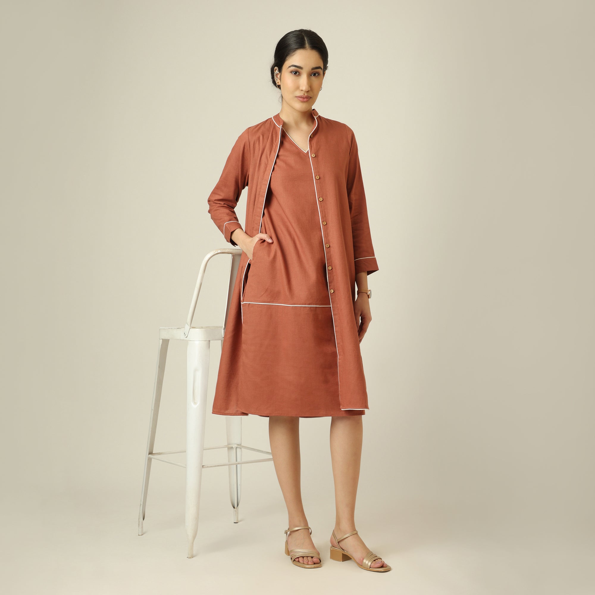 Jackie Dress & Jacket Set - Terracotta Brown With Ecru Edging