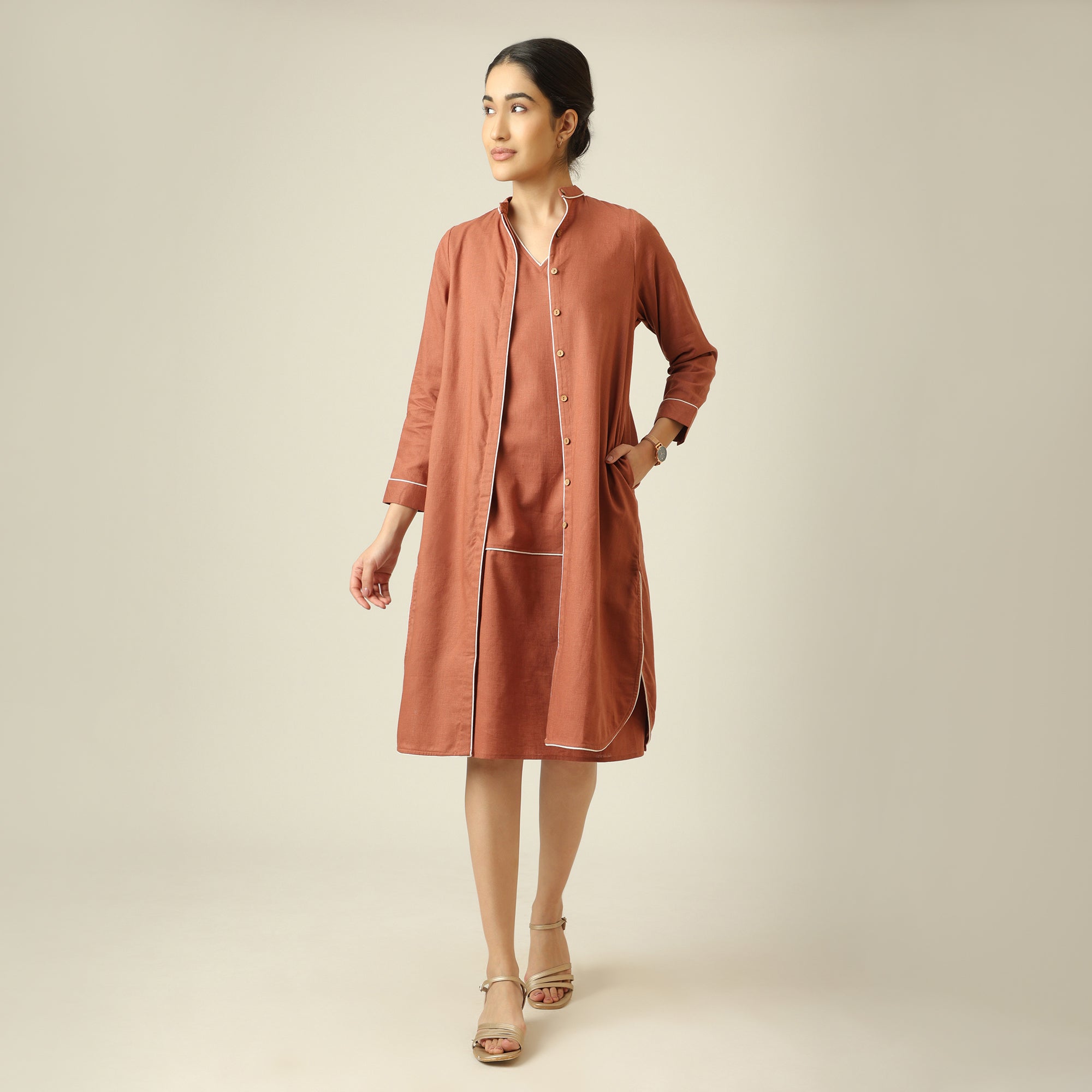 Jackie V-Neck Sleeveless Midi Dress - Terracotta Brown With Ecru Edging