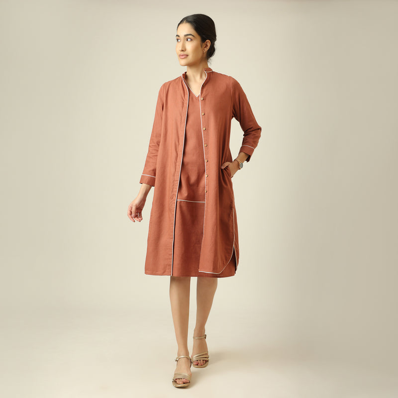 Jackie Dress & Jacket Set - Terracotta Brown With Ecru Edging